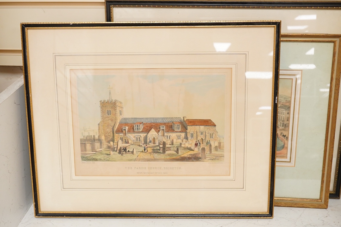 A collection of Brighton interest prints, 19th century and later to include: the Interior of The Newmarket Place, The Parish Church, Brighton and Brighton Town Hall and Market, largest 20 x 30cm, each framed